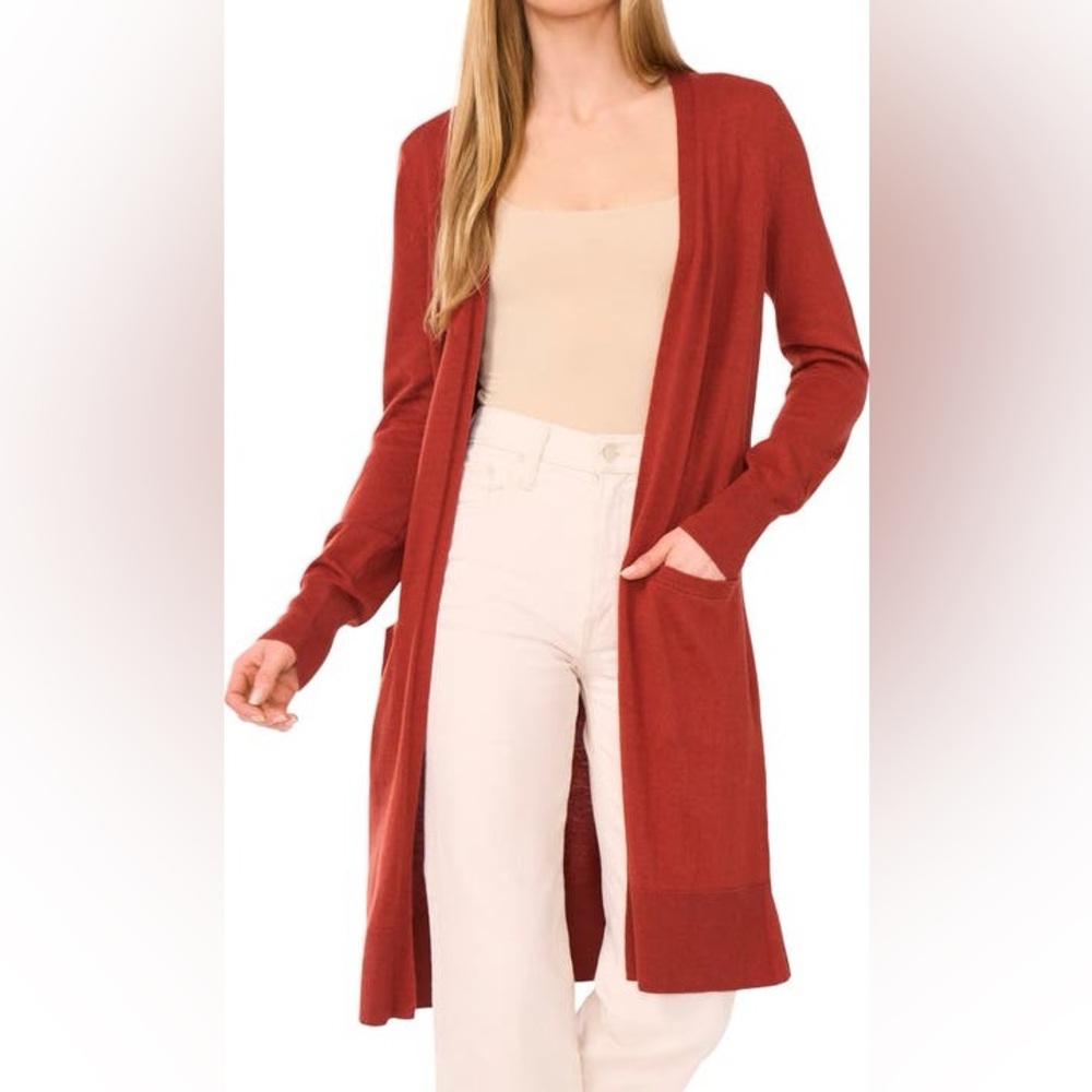 Halogen Cozy Longline Open Front Cardigan in Red Chinoise - Medium‎